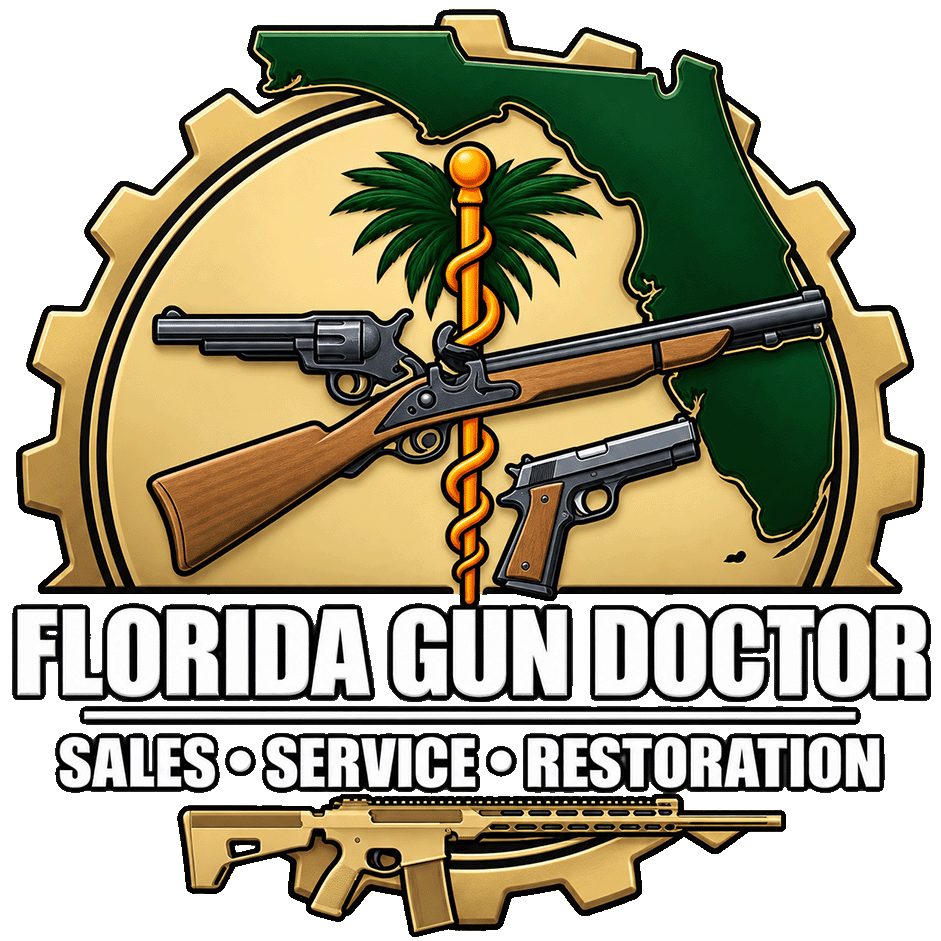 Florida Gun Doctor logo with guns and Florida state outline.