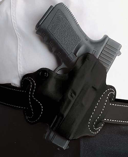 086BB9PZ0.jpg DESANTIS MINI SLIDE HOLSTER - OWB LH LEATHER S/A HELLCAT BLK - Image 1