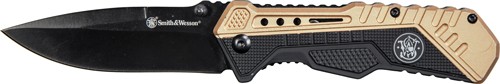 1084303-1.jpg S&W KNIFE BLACK/FDE SPRING AST - 3.5" BLACK BLADE RUB/ALUM - Image 1