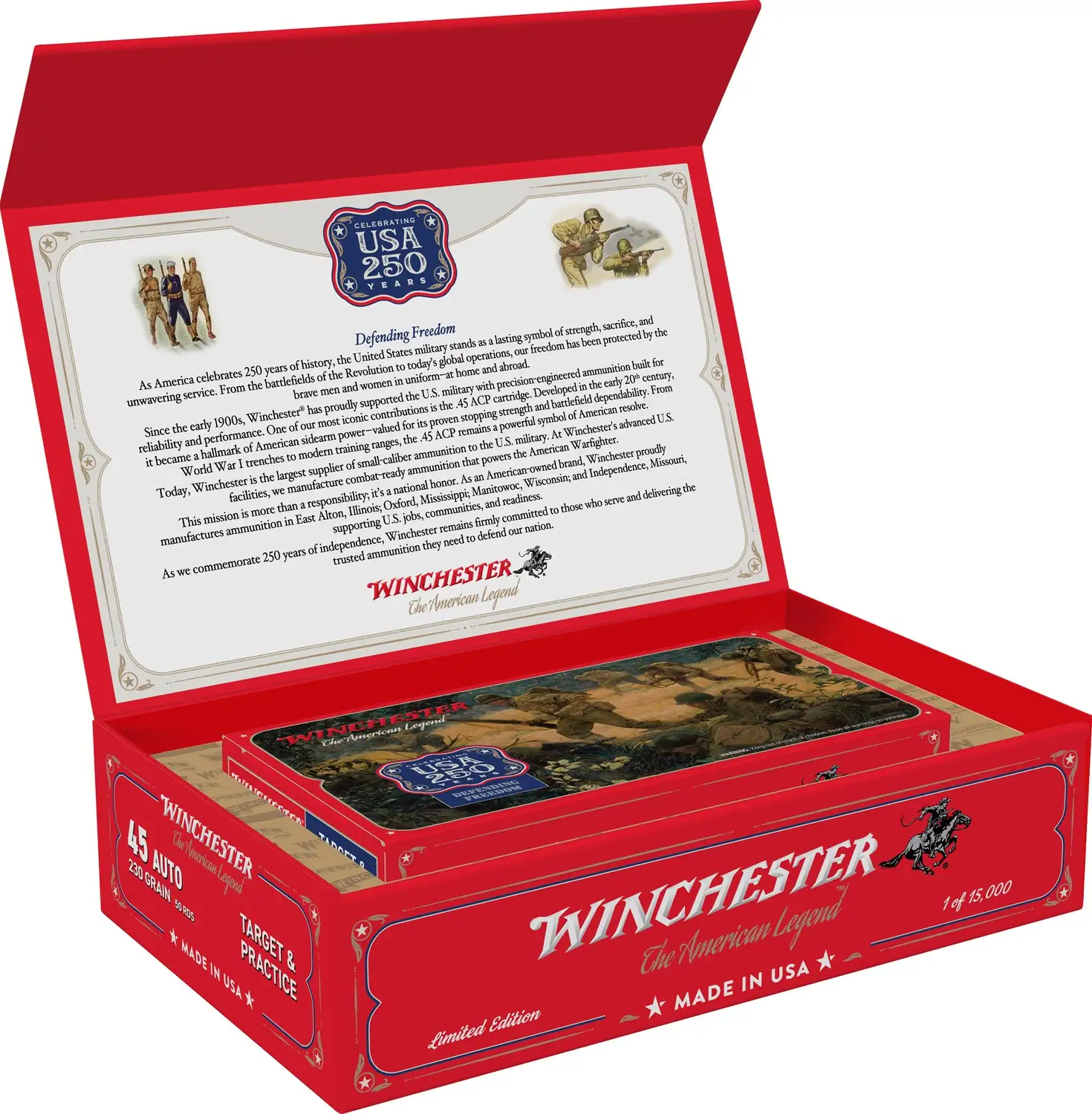 1158867-14366715.webp WINCHESTER USA 45ACP 230GR FMJ 250TH ANNIVERSARY 50RD/BX 6BX/CS - Image 1