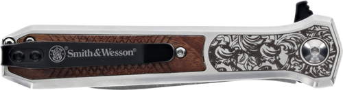 1205011_CLOSED-1.jpg S&W KNIFE UNWAVERED SPRING AST - 3.5" SS/ROSEWOOD ENGRV DAGGER - Image 1