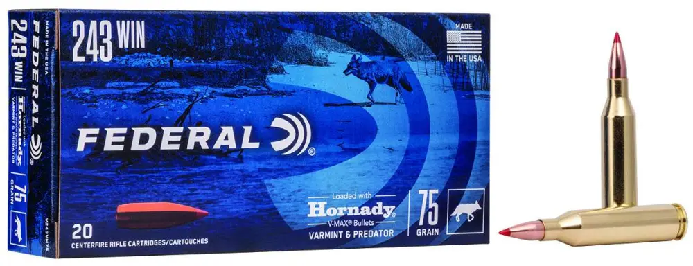 363394-14251385.webp FEDERAL 243 WIN 75GR HORNADY V-MAX 20 RD/BX 10 BX/CS - Image 1