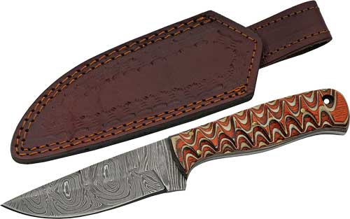 DM1292.jpg SZCO RITE EDGE 4" RED TWISTED - WOOD HUNTER DAMASCUS W/SHEATH - Image 1