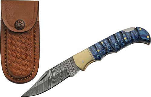 DM1303BL.jpg SZCO RITE EDGE 3" BLUE GROOVED - WOOD DAMASCUS LOCKBACK W/SHTH - Image 1