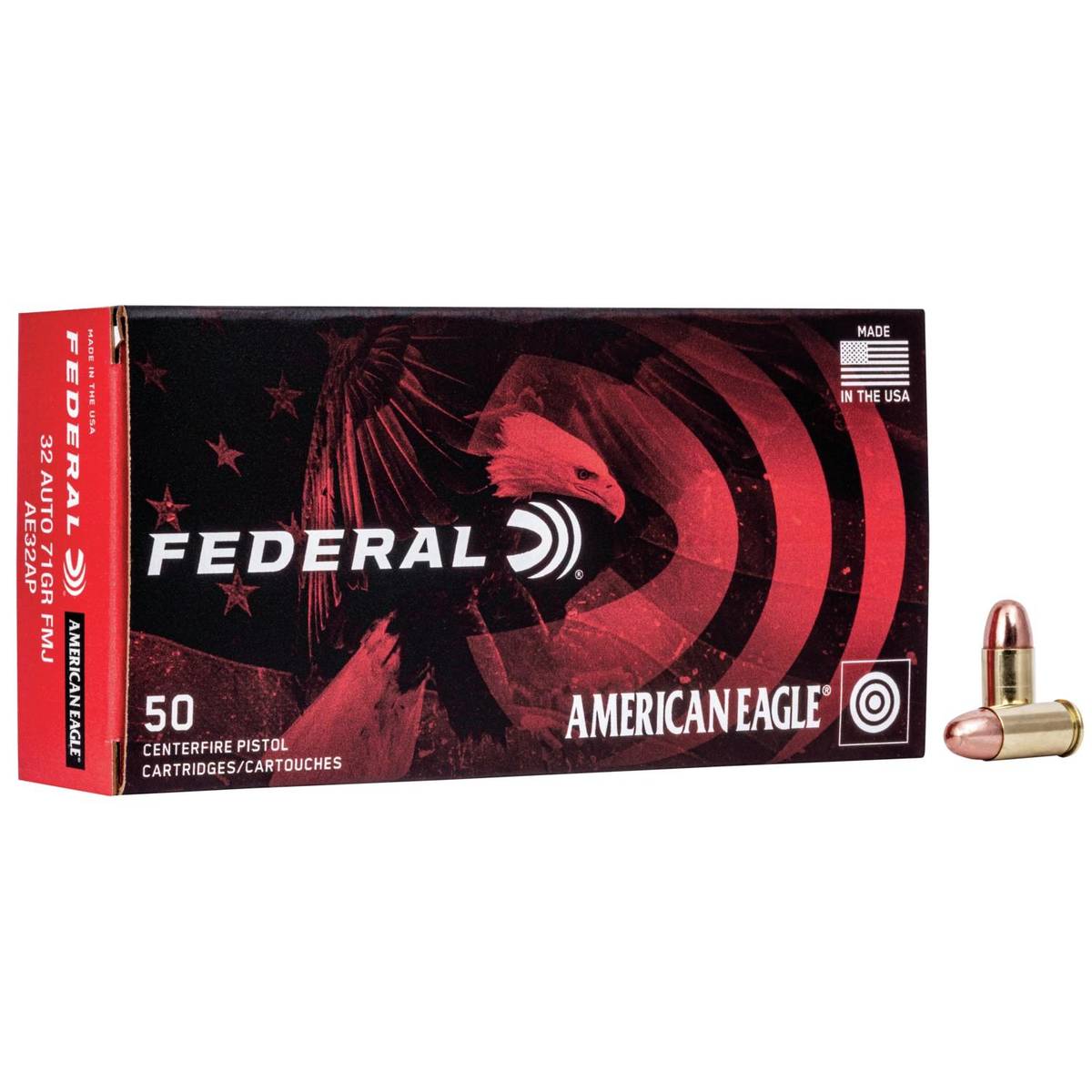 https3A2F2Fmedia.chattanoogashooting.com2Fimages2Fproduct2FFAAE32AP2FFAAE32AP_1.jpg American Eagle Handgun Ammunition .32 ACP 71 gr FMJ 900 fps 50/rd - Image 1