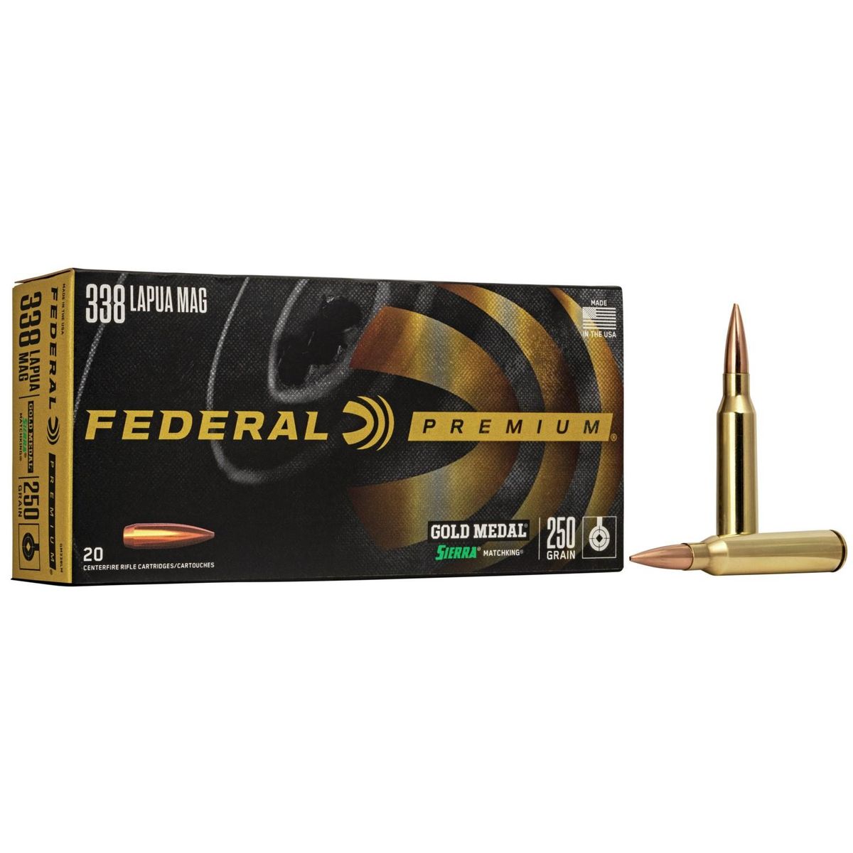 https3A2F2Fmedia.chattanoogashooting.com2Fimages2Fproduct2FFAGM338LM2FFAGM338LM_2 Federal Premium Gold Medal Rifle Sierra MatchKing Ammunition .338 Lapua Mag 250 gr BTHP 2950 fps - 20/ct - Image 1
