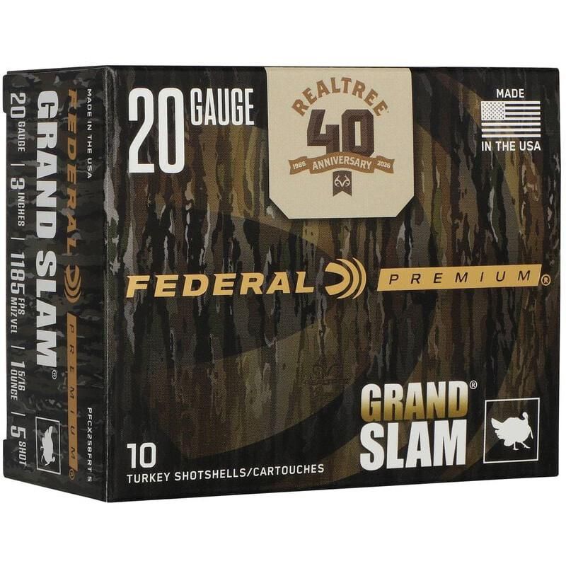 https3A2F2Fmedia.chattanoogashooting.com2Fimages2Fproduct2FFAPFCX258FRT52FFAPFCX258FRT51.jpg Federal Grand Slam Realtree 40th Anniversary Shotshells 20ga 3" 1-5/16oz 1185 fps #5 10/ct - Image 1