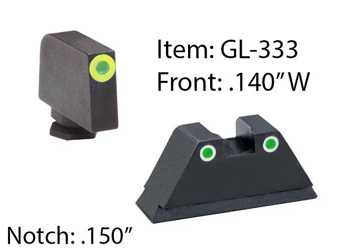 https3A2F2Fmedia.chattanoogashooting.com2Fimages2Fproduct2FKQGL3332FKQGL333.jpg Amerigo Custom Combination Tall Suppressor Height Set - All Glock Models Except 42 43 / Front Tritium - Green / Front Outline - LumiGreen / Rear Trit - Image 1