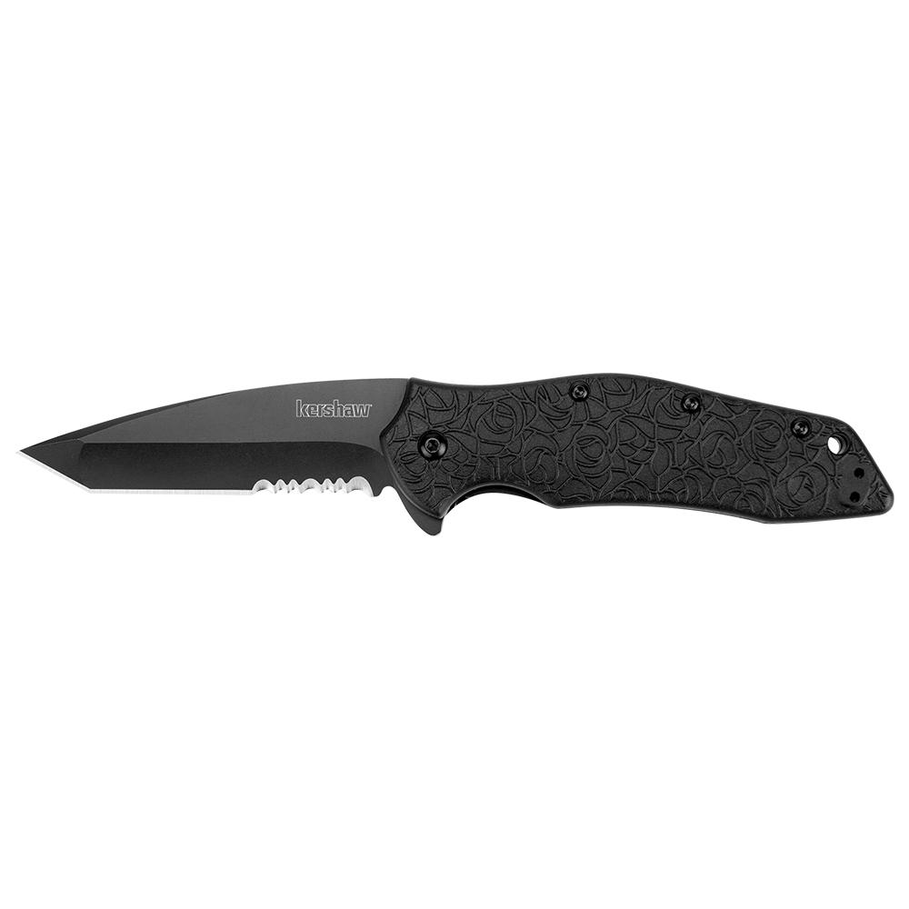 https3A2F2Fmedia.chattanoogashooting.com2Fimages2Fproduct2FKW1835TBLKST2FKW1835TBLKST-1.jpg Kershaw Kuro Folding Knife 3-1/10" Partially Serrated American Tanto Blade Black - Image 1