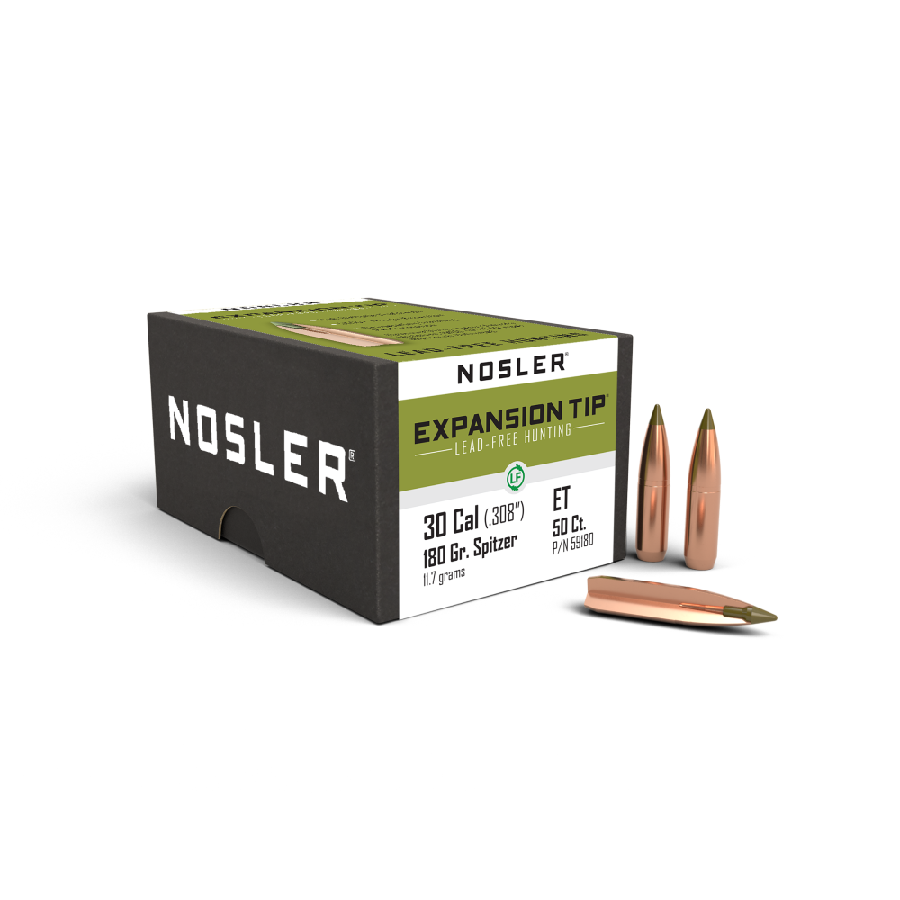 https3A2F2Fmedia.chattanoogashooting.com2Fimages2Fproduct2FNO591802FNO59180-1.png Nosler E-Tip Lead-Free Hunting Rifle Bullets .30 cal .308 180 gr SPTZ E-TIP 50/ct - Image 1