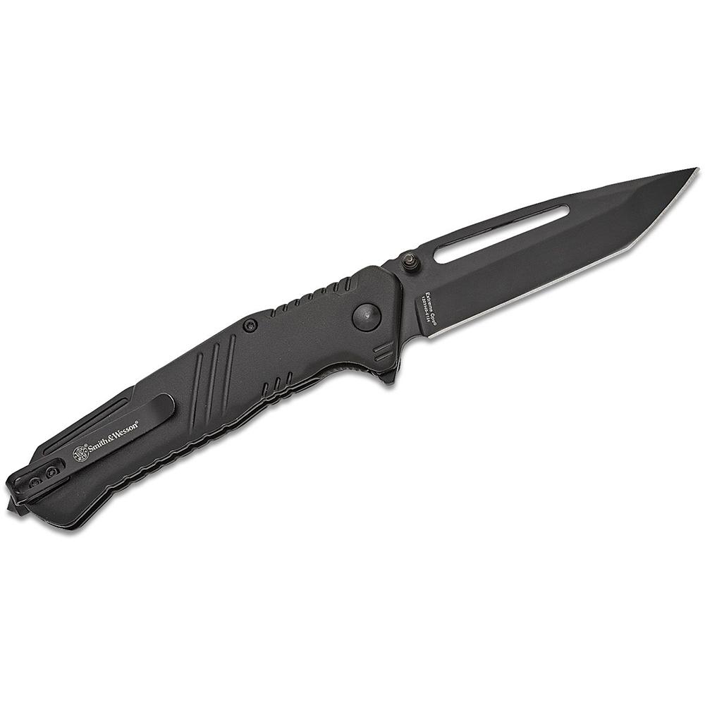 https3A2F2Fmedia.chattanoogashooting.com2Fimages2Fproduct2FPF12059072FPF1205907-1.jpg Smith & Wesson Extreme Ops Folding Knife 3-1/2" Tanto Blade Black with Glass Breaker - Image 1