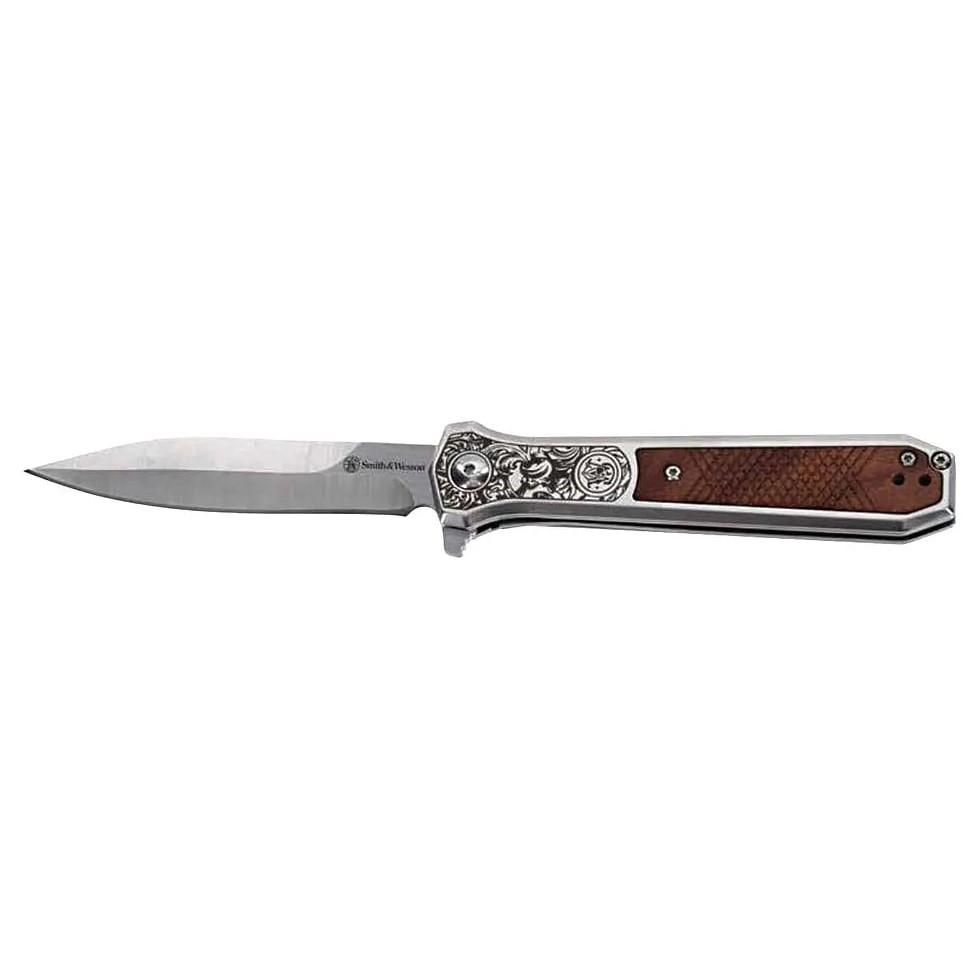 https3A2F2Fmedia.chattanoogashooting.com2Fimages2Fproduct2FPF12084132FPF1208413-1.jpg Smith & Wesson KT Unwavered Spring Assist Folding Knife 3-1/5" Dagger Blade Silver with Brown Box - Image 1