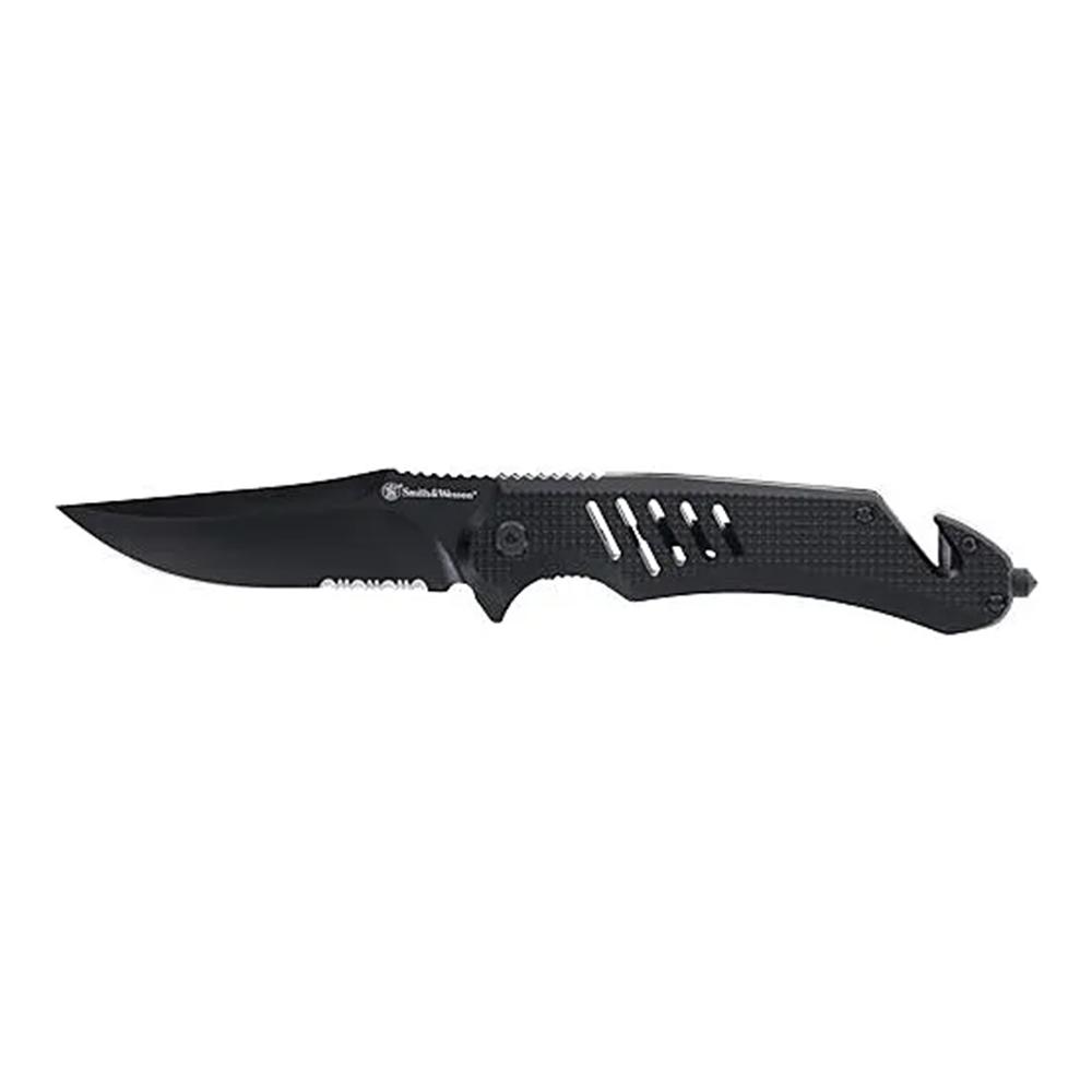 https3A2F2Fmedia.chattanoogashooting.com2Fimages2Fproduct2FPF12153642FPF1215364-1.jpg Smith & Wesson Extreme Ops Folding Knife 3-1/2" Clip Point Blade Black with Glass Breaker and Strap Cutter - Image 1