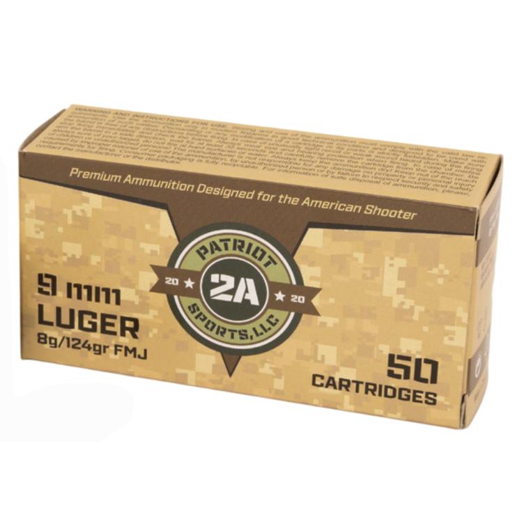 https3A2F2Fmedia.chattanoogashooting.com2Fimages2Fproduct2FPJP9MM124F2Fpatammo.jpg Patriot Sports Brass Case Handgun Ammunition 9mm Luger 124gr FMJ 1148 fps 50/ct - Image 1