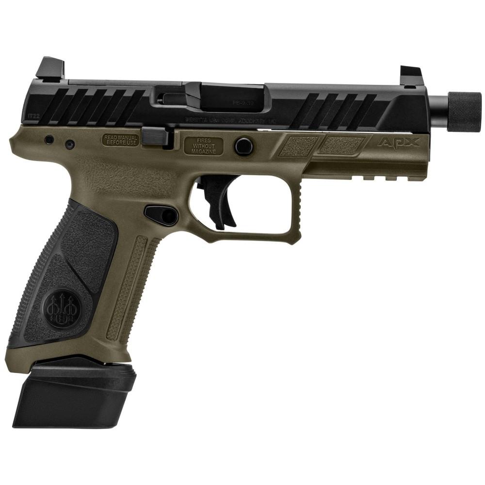 https3A2F2Fmedia.chattanoogashooting.com2Fimages2Fproduct2FUKJAXA1F921TAC2FUKJAXA1F921TAC-1.jpg Beretta APX A1 Full Size Tactical Handgun 9mm Luger 21rd Magazines (3) 4.8" Threaded Barrel OD Green with Black Slide and Grip - Image 1