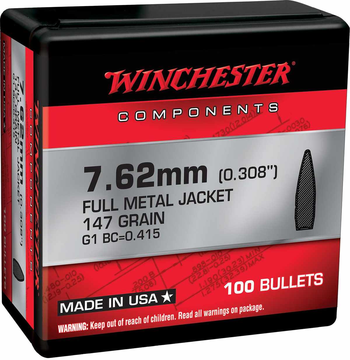 https3A2F2Fmedia.chattanoogashooting.com2Fimages2Fproduct2FWB762M147X2FWB762M147X.jpg Winchester FMJBT Bullets 7.62mm .308" 147gr 100/ct - Image 1