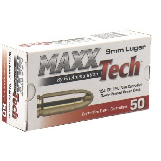 image-full-41506-daa8779ab92a8b400f779e5edc7ee3f1.jpg MAXX TECH 9MM 124 GRAIN FMJ 50RD BX 10 BXS PER CASE - Image 1