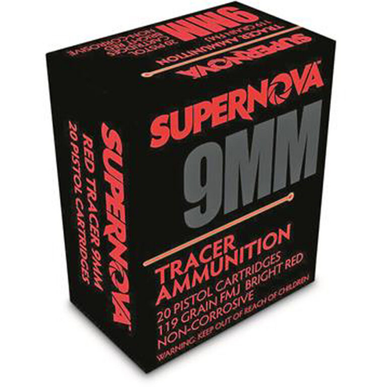 Supernova Tracer Pistol Ammunition 9mm 119 gr. FMJ Red Tracer 20 rd.