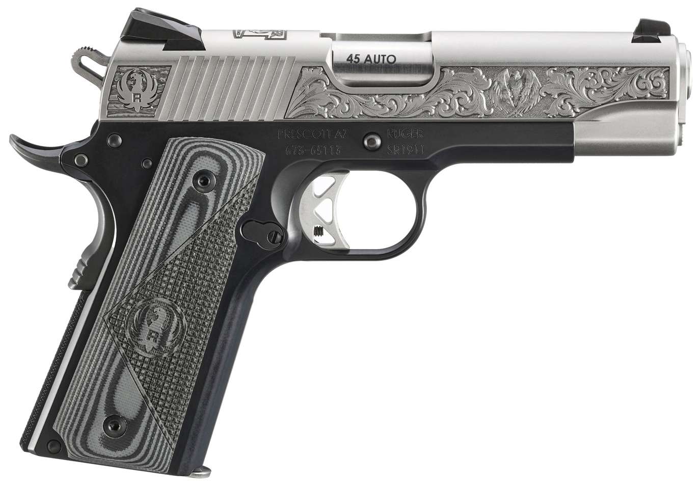 1127420-14339454.jpg RUGER SR1911 COMMANDER SOUTHPORT CT EDITION 45ACP PISTOL 4.25" STS ENGRAVED 1-7RD MAG - Image 1