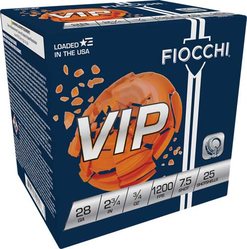 A28VIP75.jpg FIOCCHI VIP 28GA 2.75" 3/4OZ - #7.5 1200FPS 250RD CASE LOT - Image 1