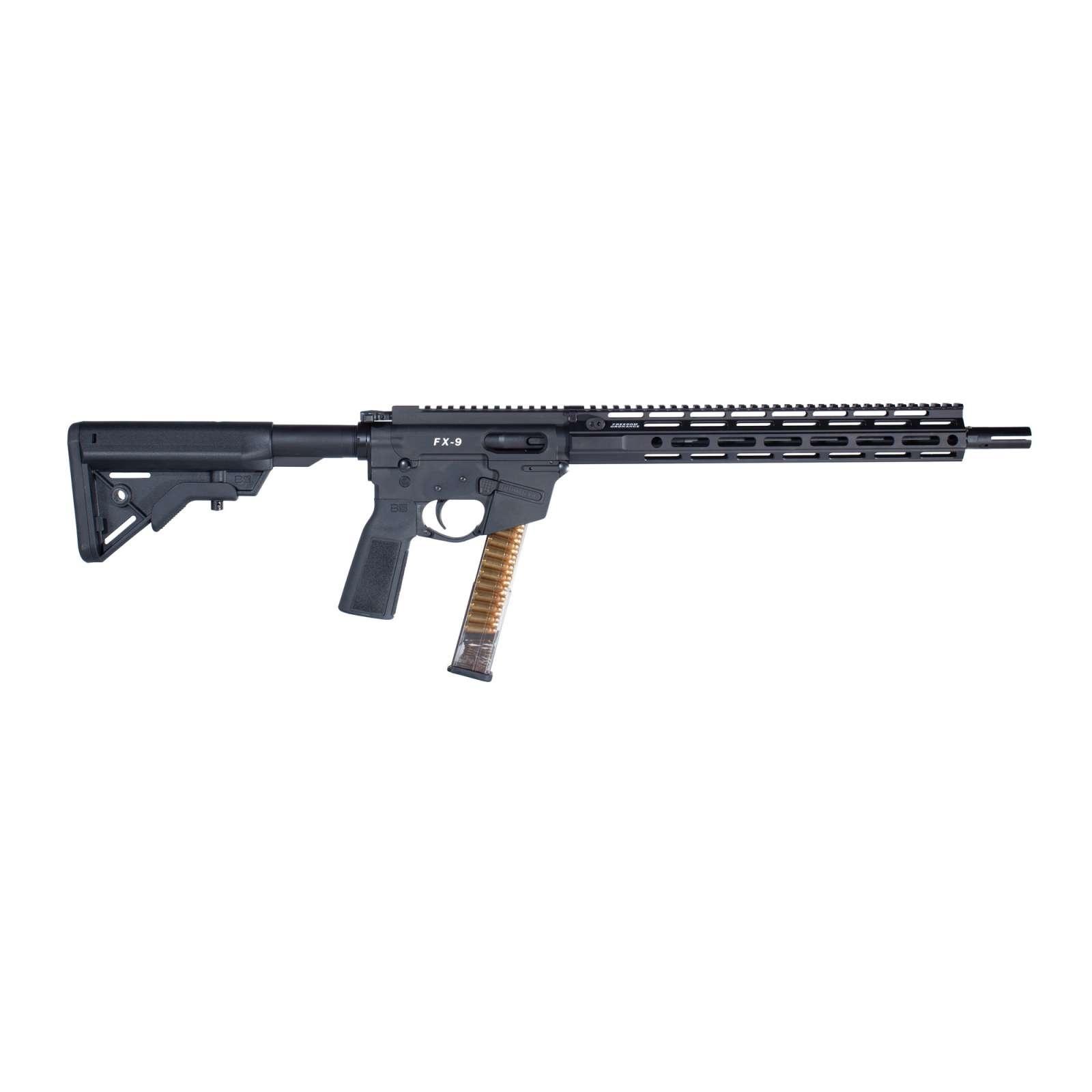 https3A2F2Fmedia.chattanoogashooting.com2Fimages2Fproduct2FFQFM9D16PBLK2FFQFM9D16PBLK1.jpg Freedom Ordnance FM9D Beltfed Rifle 9mm Luger 100 rd Belt Bag/33rd Glock Style Mag(1) 16" Barrel Black Picatinny Rail - Image 1