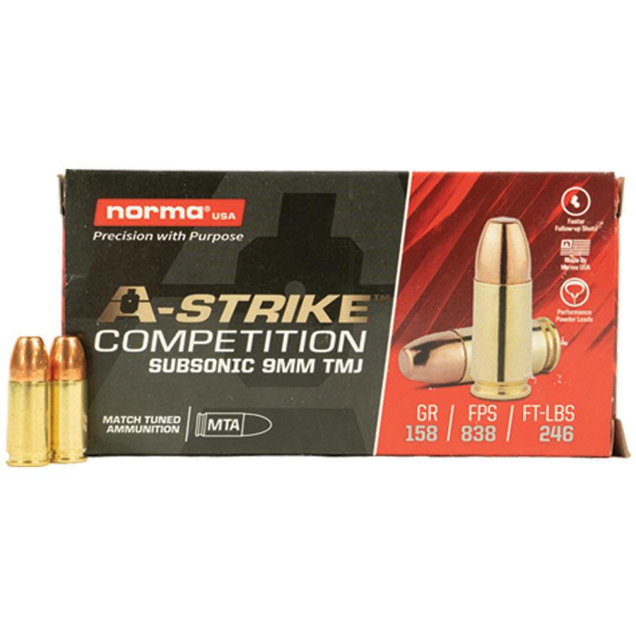 Norma A-Strike Subsonic Ammunition 9mm Luger 158gr TMJ 838 fps 50/ct - Image 1