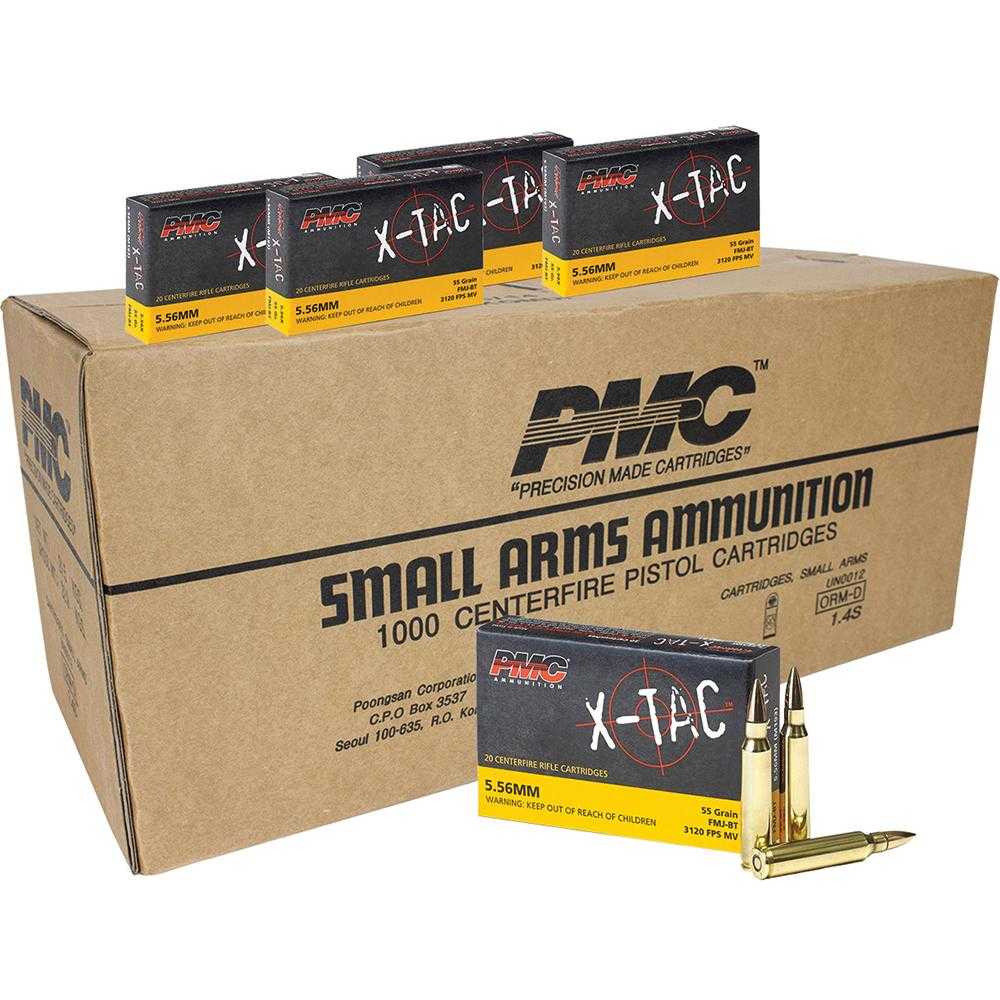 https3A2F2Fmedia.chattanoogashooting.com2Fimages2Fproduct2FPMXP193C2FPMXP193C_1.jpg PMC X-Tac Rifle Ammunition 5.56mm 55 gr FMJBT 3120 fps 1000/ct - Image 1
