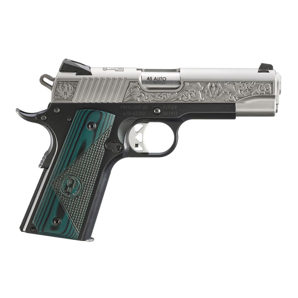 https3A2F2Fmedia.chattanoogashooting.com2Fimages2Fproduct2FUR167042FUR167041.jpg Ruger SR1911 "271 Cardwell Rd." Street Edition Handgun 45 Auto 7rd Magazines(2) 4.25" Barrel Engraved Frame G10 Grips - Image 1