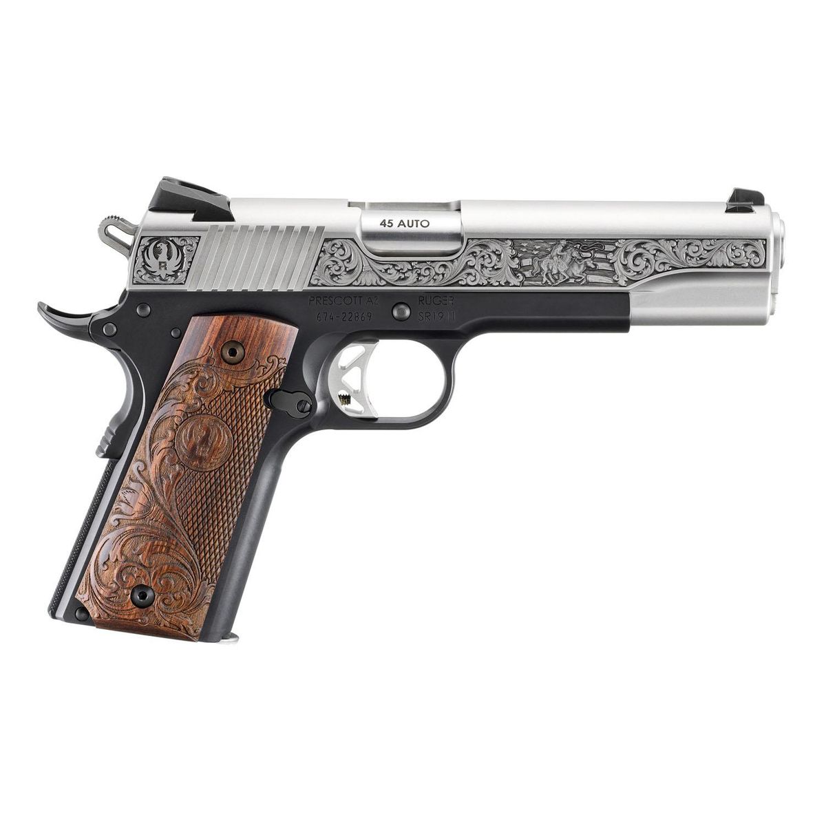 https3A2F2Fmedia.chattanoogashooting.com2Fimages2Fproduct2FUR167062FUR167061.jpg Ruger SR1911 Handgun .45 ACP 8rd Magazine(2) 5" Barrel 2-Tone w/Engraved Wood Grip - Image 1