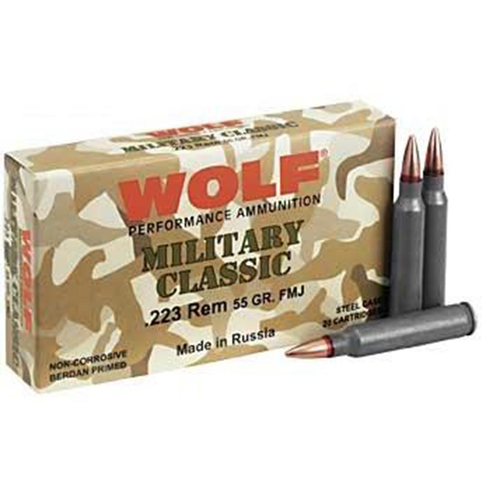 https3A2F2Fmedia.chattanoogashooting.com2Fimages2Fproduct2FDZMC22355FMJ2FDZMC22355FMJ-1.jpg Wolf Military Classic Rifle Ammunition .223 Rem 55 gr FMJ 3241 fps 20/ct - Image 1