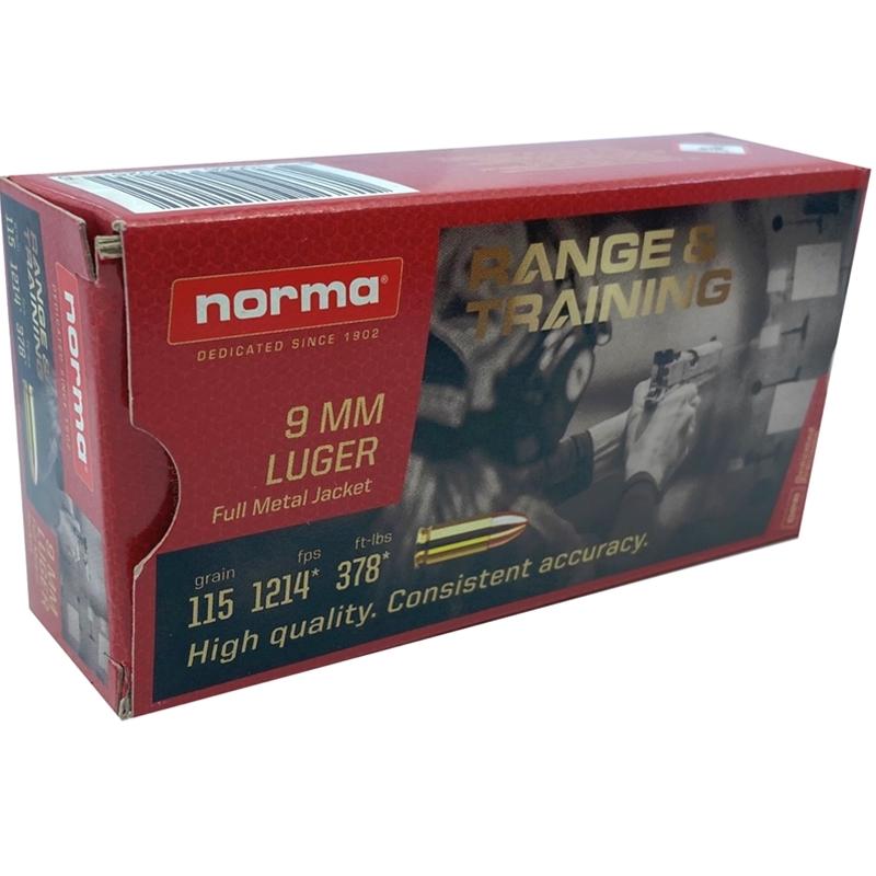 Norma Range & Training 9mm Ammo 115 Grain Full Metal Jacket Norma Range and Training Handgun Ammunition 9mm Luger 115gr FMJ 1214 fps 50/ct - Image 1