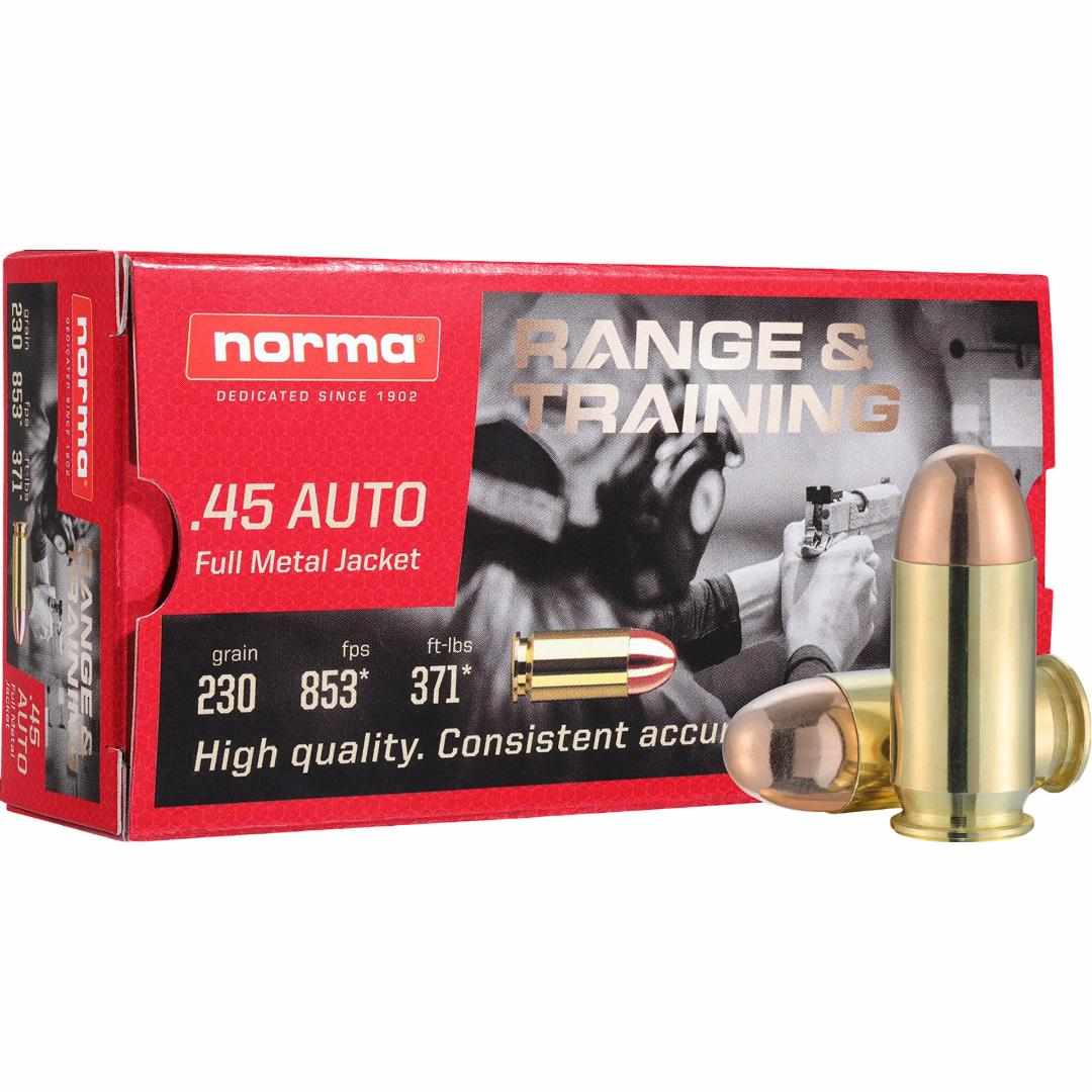 https3A2F2Fmedia.chattanoogashooting.com2Fimages2Fproduct2FNH8045042172FNH8045042171.jpg Norma Range and Training Handgun Ammunition .45 Auto 230gr FMJ 853 fps 50/ct - Image 1