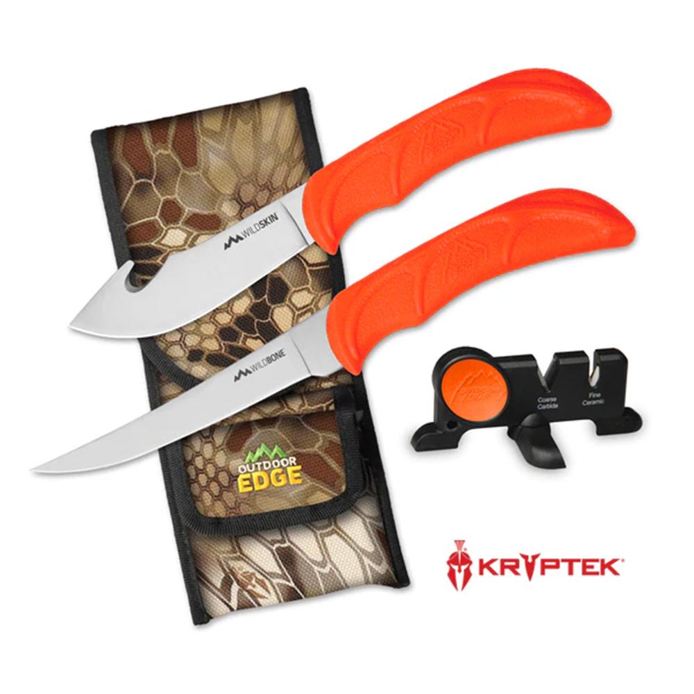 https3A2F2Fmedia.chattanoogashooting.com2Fimages2Fproduct2FOEWB4C2FOEWB4C-1.jpg Outdoor Edge WildBone Two-Knife Combo with Sharpener 5" Boning Blade & 4" Skinner Blade Orange - Image 1
