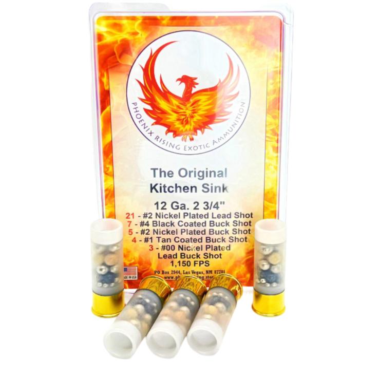 https3A2F2Fmedia.chattanoogashooting.com2Fimages2Fproduct2FPPPRKITCHENSINK2FPPPRKITCHENSINK2520252812529.jpg Phoenix Rising "Kitchen Sink" - Multiple Buckshot Size Shotshells 12ga 2-3/4" 1150fps 3/ct - Image 1