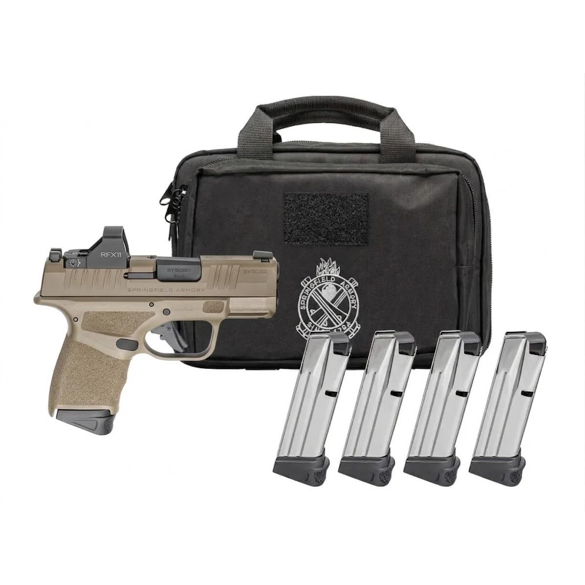 https3A2F2Fmedia.chattanoogashooting.com2Fimages2Fproduct2FFKHC9319FOSPPAC2FFKHC9319FOSP1_2.jpg Springfield GEAR PAC Hellcat Micro-Compact OSP Handgun 9mm Luger 11(1)&13(3)rd Magazines 3" Barrel Desert FDE Viridian RFX11 Bag - Image 1