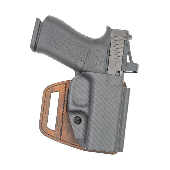 https3A2F2Fmedia.chattanoogashooting.com2Fimages2Fproduct2FVEVSL211G192FVEVSL211-1.jpg Versacarry V-Slide OWB Holster for Glock 19 Brown RH - Image 1